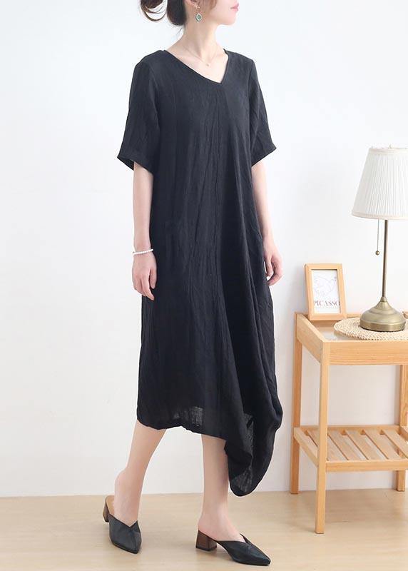 Art Black Short Sleeve Casual Maxi Summer Linen Dress - bagstylebliss