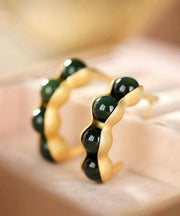 Art Black Sterling Silver Overgild Inlaid Jade Green Bean Hoop Earrings