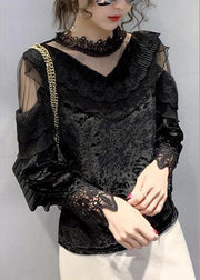 Art Black Turtleneck Velour Lace Patchwork Tulle Top Bottoming Shirt