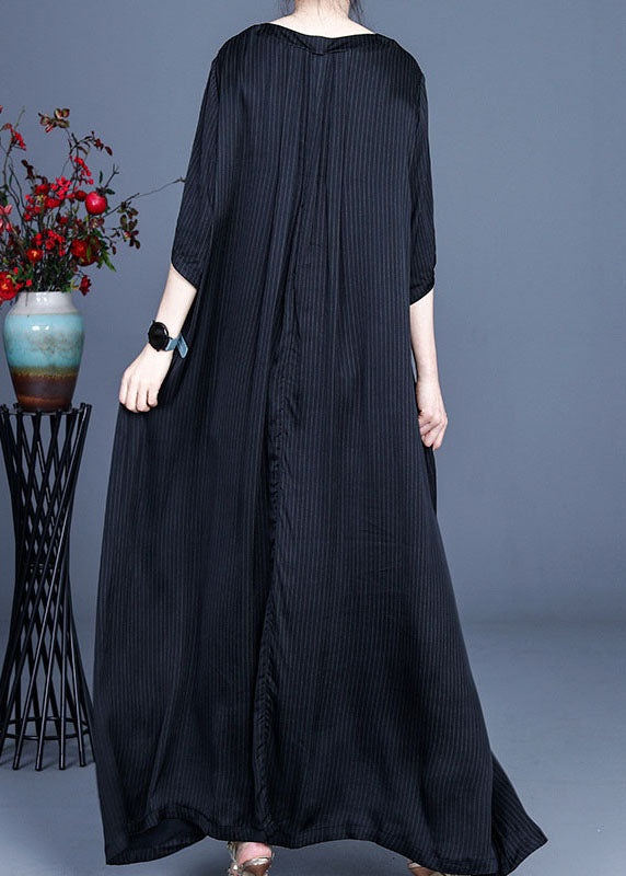 Art Black V Neck Patchwork Silk Dresses Half Sleeve