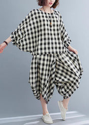 Art Black White Plaid Batwing Sleeve Two Piece Set Women Clothing Summer Cotton Linen - bagstylebliss