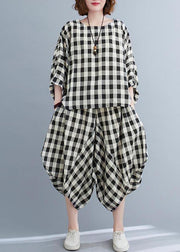 Art Black White Plaid Batwing Sleeve Two Piece Set Women Clothing Summer Cotton Linen - bagstylebliss