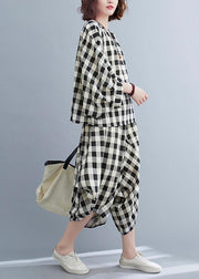 Art Black White Plaid Batwing Sleeve Two Piece Set Women Clothing Summer Cotton Linen - bagstylebliss