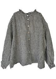 Art Black White Plaid Button Ruffled Fall Long sleeve Blouse Top - bagstylebliss