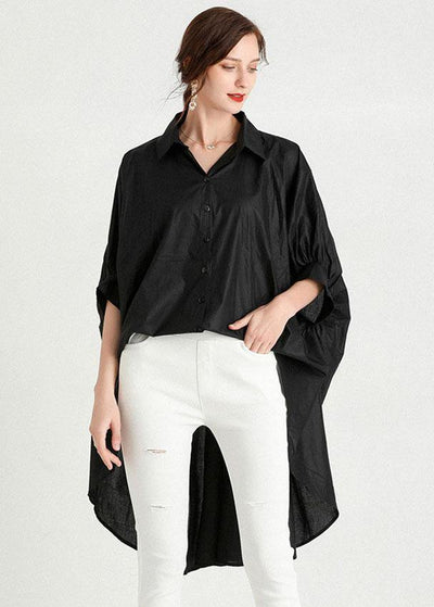 Art Black Wrinkled Button Summer Cotton Shirt Half Sleeve Top - bagstylebliss