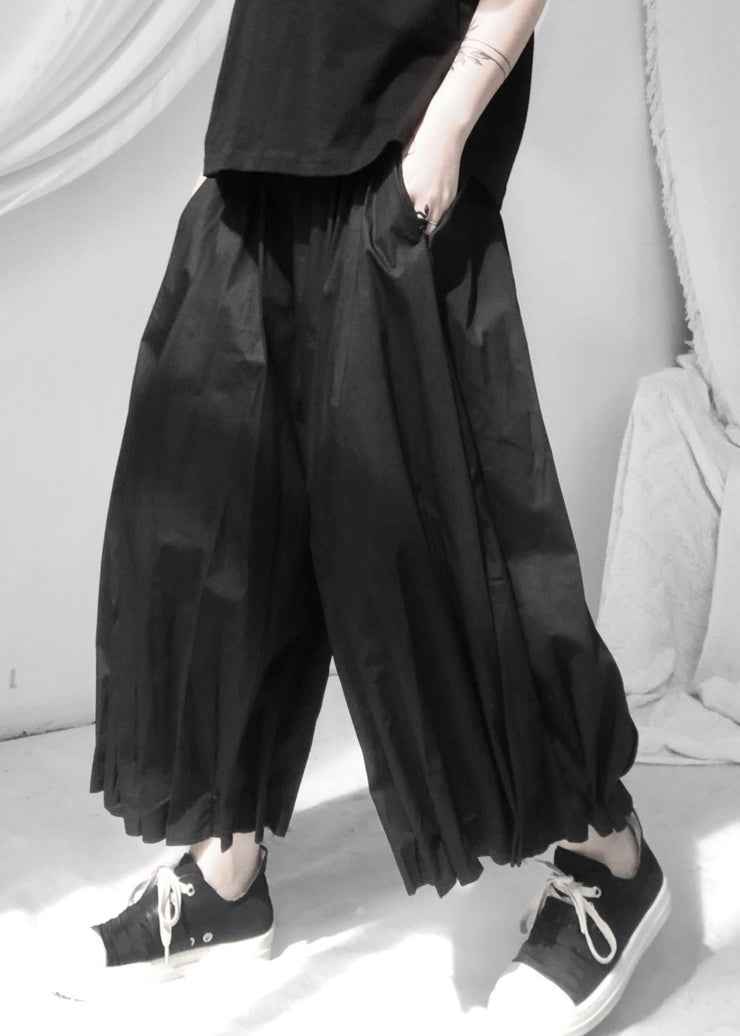 Art Black Wrinkled Elastic Waist Wide Leg Pants Summer