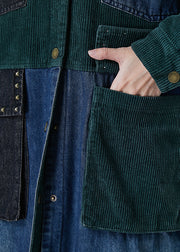 Art Blackish Green Rivet Patchwork Corduroy Fine Cotton Filled Coat Winter