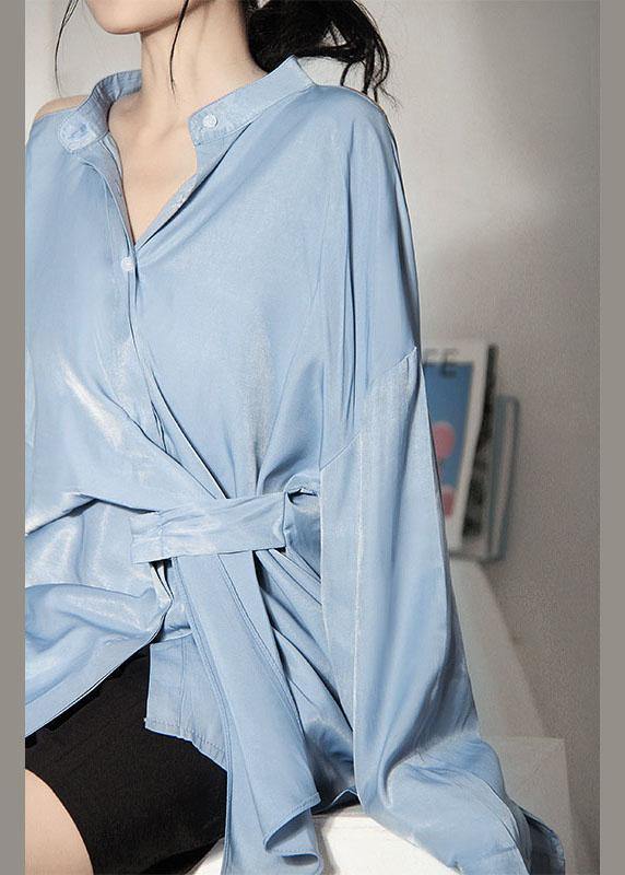 Art Blue Asymmetrical design Backless Long sleeve Summer Shirt - bagstylebliss