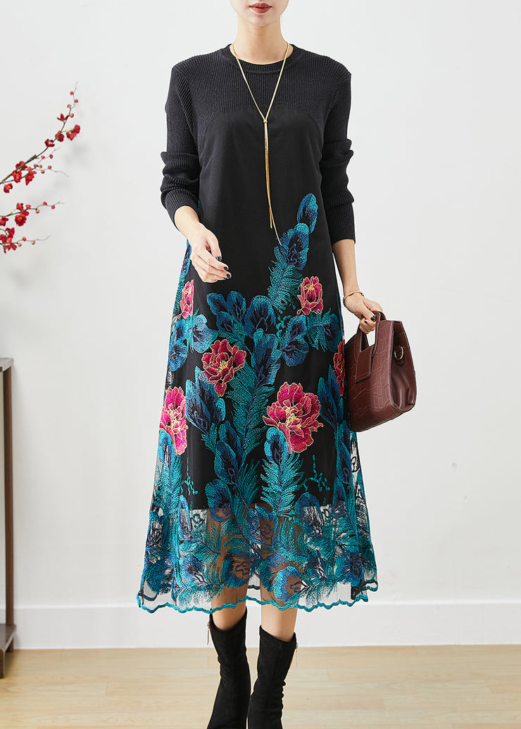 Art Blue Embroidered Floral Knit Long Dress Fall