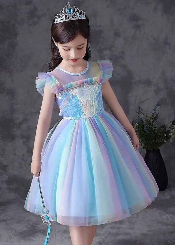 Art Blue Gradient Ruffled Sequins Patchwork Tulle Kids Girls Dresses Summer