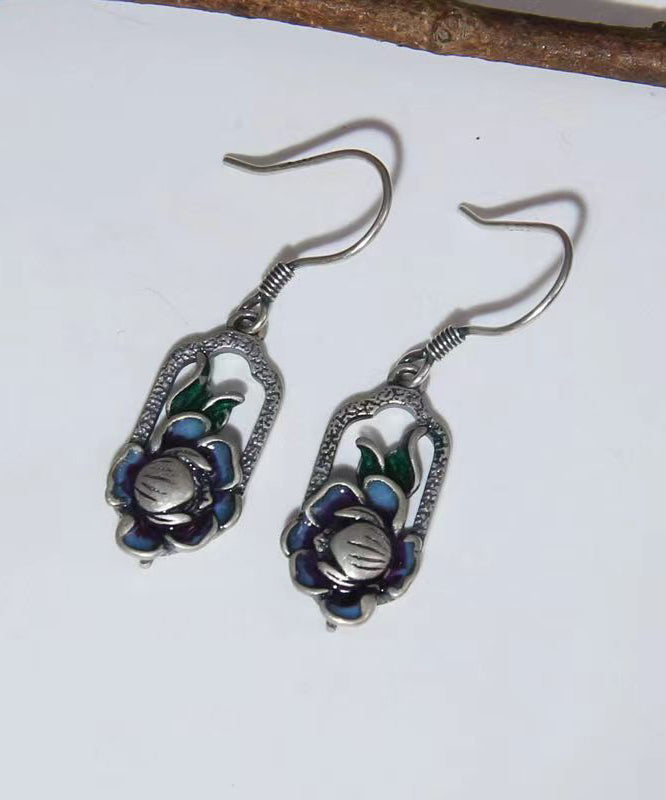 Art Blue Lotus Patchwork Silver Drop Earrings