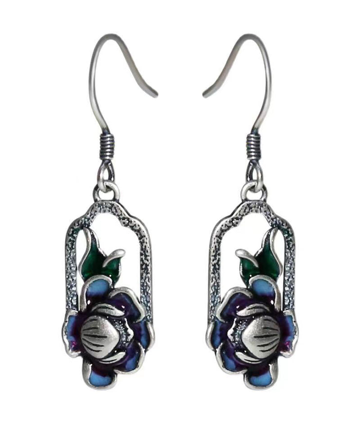 Art Blue Lotus Patchwork Silver Drop Earrings