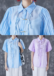 Art Blue Peter Pan Collar Tassel Silk Blouse Tops Lantern Sleeve