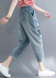 Art Blue Pockets Elastic Waist Patchwork Denim Crop Pants Summer