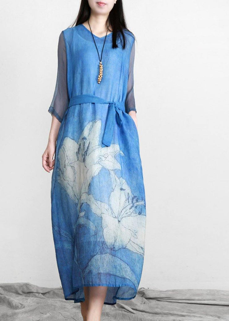 Art Blue Print Linen Tunic Patchwork Dress - bagstylebliss