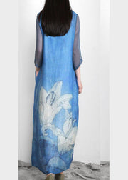 Art Blue Print Linen Tunic Patchwork Dress - bagstylebliss