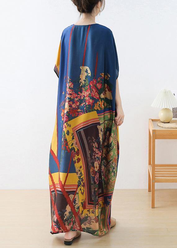 Art Blue Print Loose Asymmetrical Design Vacation Summer Chiffon Dress - bagstylebliss
