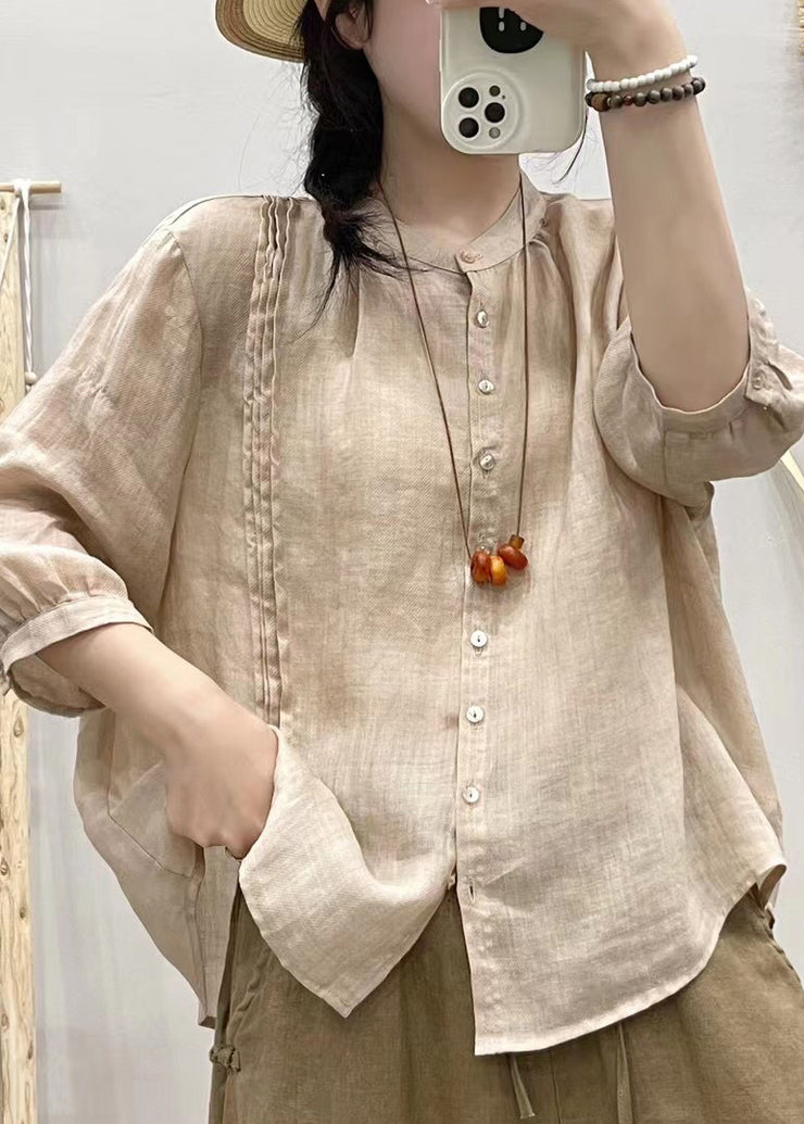 Art Blue Stand Collar Button Patchwork Linen Shirt Tops Half Sleeve