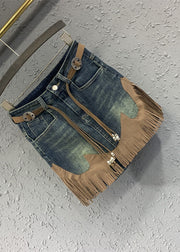 Art Blue Tassel Patchwork High Waist Denim Skirt Summer