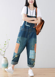 Kunstblaue Taschen Patchwork zerrissener Jeans-Jumpsuit Frühling