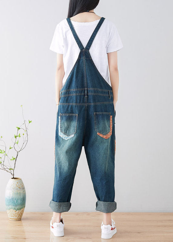 Kunstblaue Taschen Patchwork zerrissener Jeans-Jumpsuit Frühling