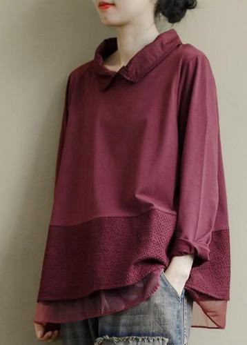 Art Burgundy Patchwork Baggy Shirt Clothes Lapel - bagstylebliss