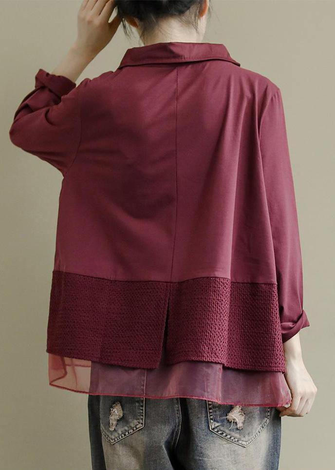 Art Burgundy Patchwork Baggy Shirt Clothes Lapel - bagstylebliss