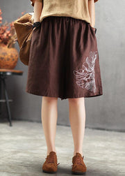 Art Chocolate Embroideried tie waist Linen hot Pants - bagstylebliss