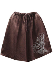 Art Chocolate Embroideried tie waist Linen hot Pants - bagstylebliss