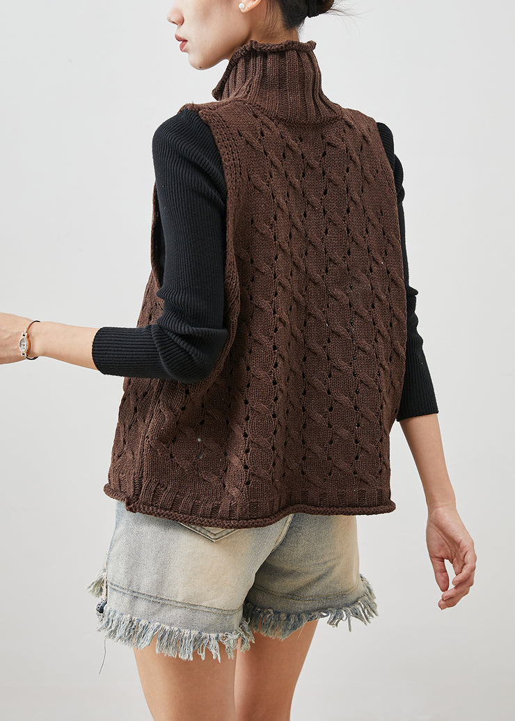 Art Chocolate Turtle Neck Hollow Out Knit Vests Spring