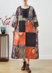 Art Colorblock Oversized Patchwork Print Linen Long Dresses Fall