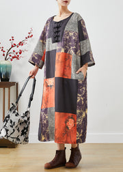 Art Colorblock Oversized Patchwork Print Linen Long Dresses Fall