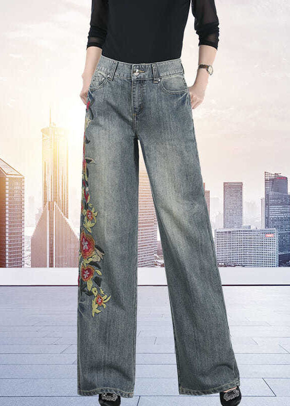 Art Dunkelblaue, hoch taillierte, mit Blumen bestickte Taschen, Baumwoll-Denim, gerade Hose, Herbst