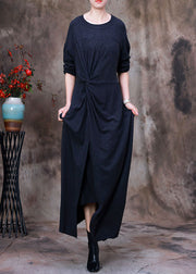 Art Dark Grey O-Neck side open Asymmetrical Velour long Dresses Spring