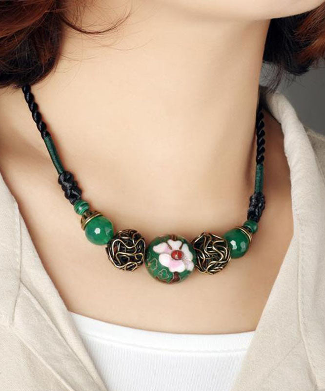 Art Green Agate Malachite Cloisonne Graduated Bead Necklace