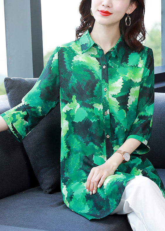 Art Green Button Peter Pan Collar Print Long Chiffon Blouse Tops Half Sleeve