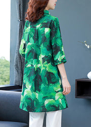 Art Green Button Peter Pan Collar Print Long Chiffon Blouse Tops Half Sleeve