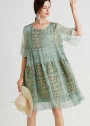 Art Green Embroideried O-Neck Loose Summer Flare Sleeve Dress - bagstylebliss