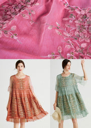 Art Green Embroideried O-Neck Loose Summer Flare Sleeve Dress - bagstylebliss