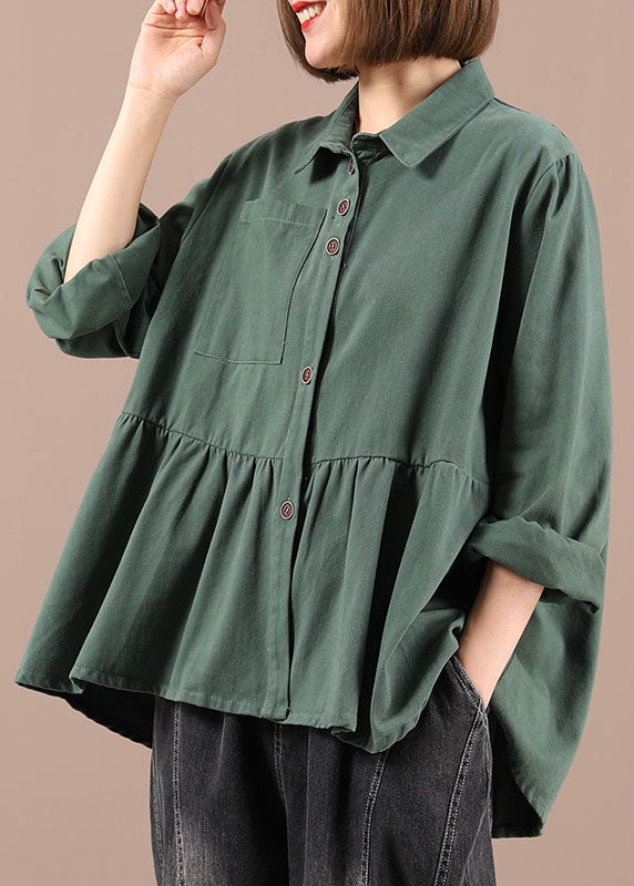 Art Green PeterPan Collar Button Pockets Fall Patchwork Shirts Long Sleeve