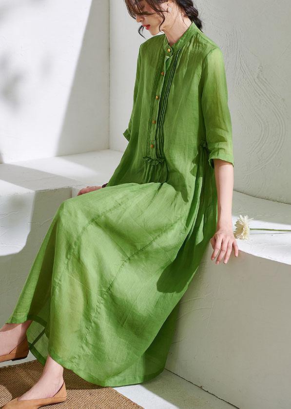 Art Green Ruffled Button Summer Ramie Party Dresses Half Sleeve - bagstylebliss