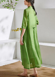 Art Green Ruffled Button Summer Ramie Party Dresses Half Sleeve - bagstylebliss