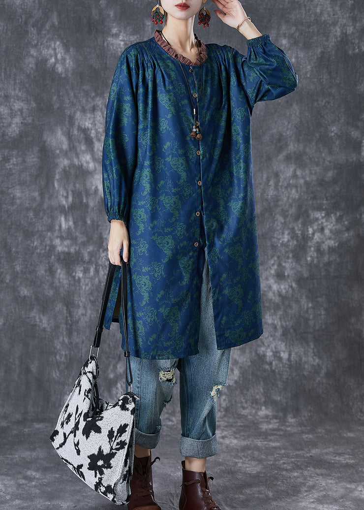 Art Green Ruffled Print Linen Shirt Dresses Fall