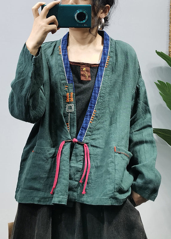 Art Green V Neck Tie Waist Embroideried Patchwork Linen Coat Long Sleeve