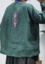 Art Green V Neck Tie Waist Embroideried Patchwork Linen Coat Long Sleeve