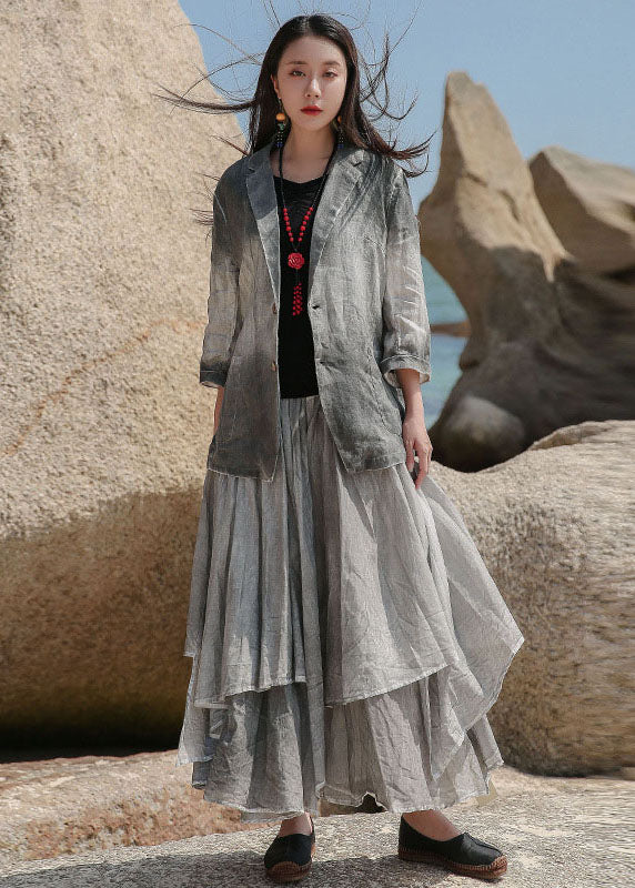 Art Grey Peter Pan Collar Button Linen Spring Coat