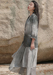 Art Grey Peter Pan Collar Button Linen Spring Coat