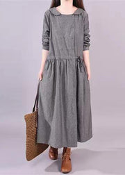 Art Grey Peter Pan Collar Drawstring Patchwork Cotton Dress Fall