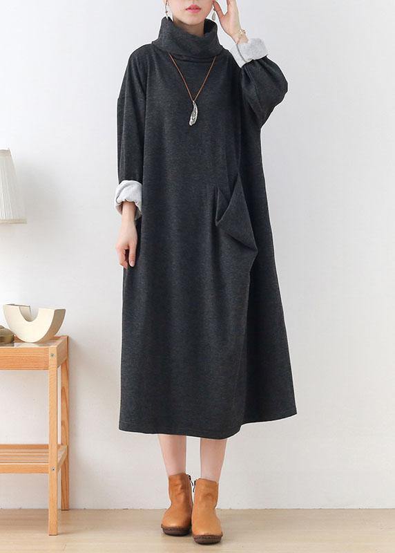 Art Grey Pockets Patchwork Fall Long Sleeve Robe Dresses - bagstylebliss