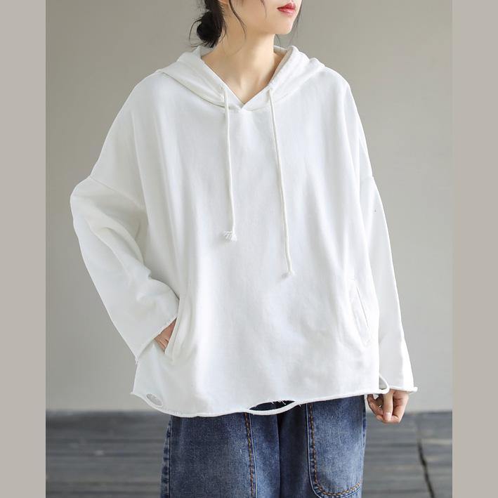 Art Hooded Hole Spring Top Neckline White Blouse - bagstylebliss